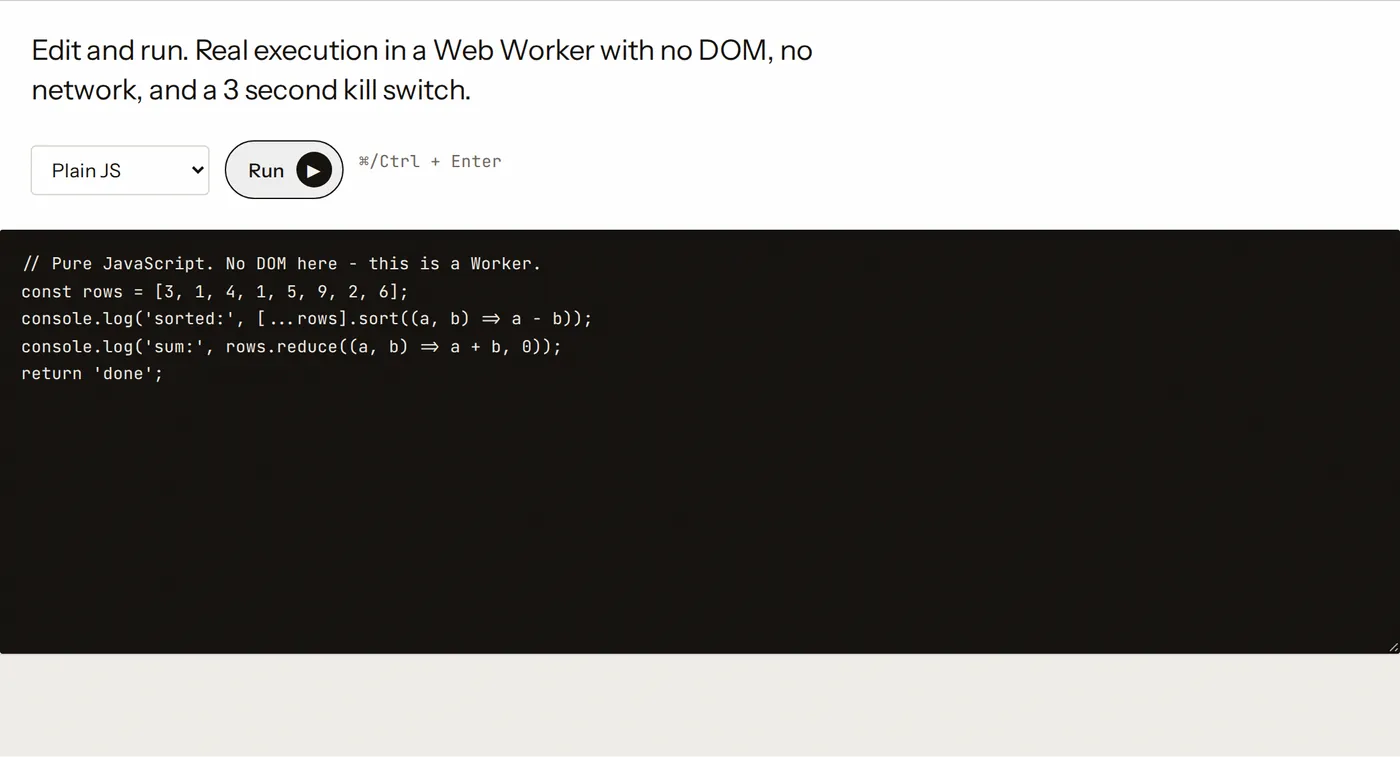 Screenshot of the "Run JavaScript in an isolated worker" instrument, captured from the live page